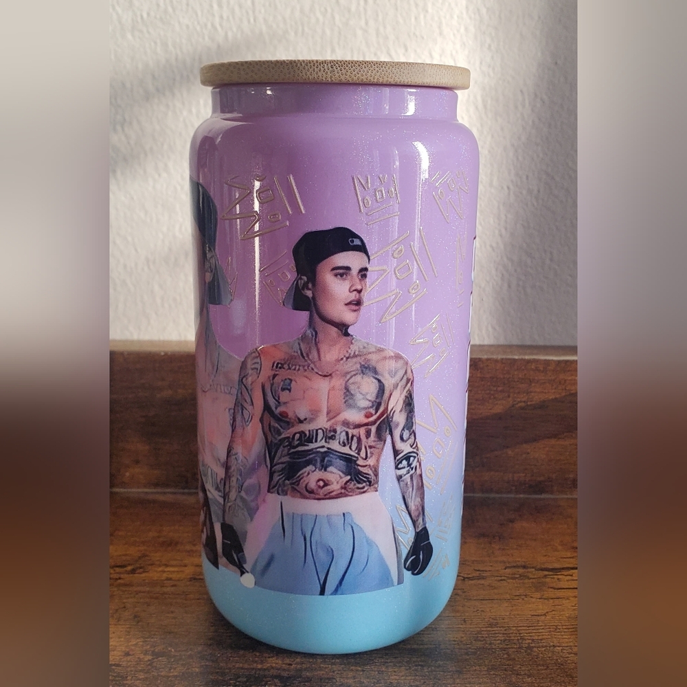🪻3/$25 Justin Bieber purple glitter light blue glass tumbler, wooden lid, straw